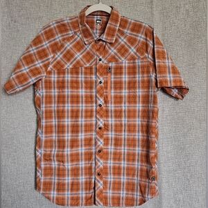 REI Orange and White Plaid Short-Sleeve Button-Down Shirt